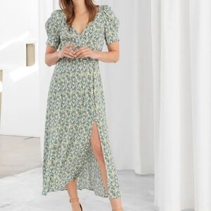 & Other Stories Floral Puff Sleeve Midi Dress With Front Slit